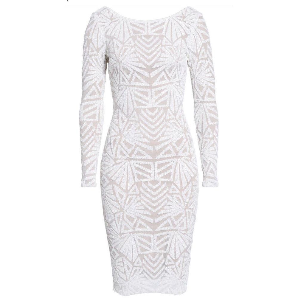 NWT Dress the Population Emery Long Sleeve Sequin Cocktail Dress Sz M White Nude